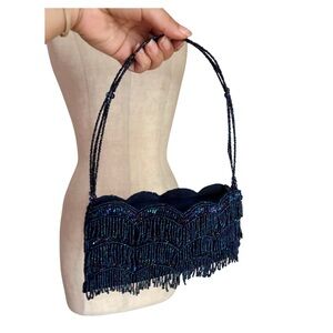 vintage y2k blue beaded bag mini top handle fringe chic mermaidcore fairy small